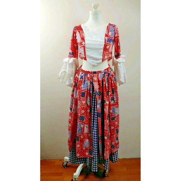 Patchwork Skirt‎ Set Ruffle Sleeve Crop Top Maxi Skirt Red Blue White - Picture 1 of 6